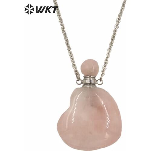 WT-N1250 Women hot sale gem-stone made heart shape perfume bottle necklace with stainless steel parts lady stone bottle necklace