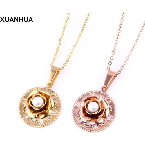 XUANHUA Wholesale Stainless Steel Fashion Flower Jewelry Accessories Necklaces Pendants Pearl Necklace Women Valentines Day Gift