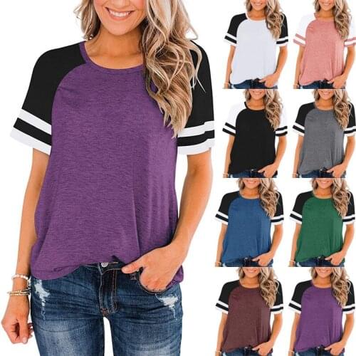 T Shirt Women Summer Clothes 2021 Clothing Big Yards Stripes Round Collar Stitching Female Short Sleeve T-shirt Tshirt CHF7112