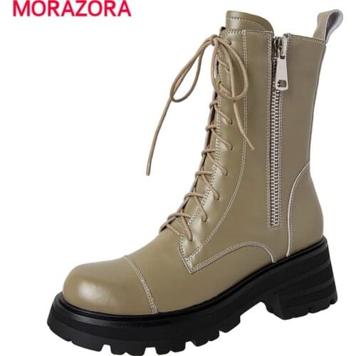 MORAZORA Size 34-43 New Genuine Leather Boots Zipper Square Heels Autumn Winter Lace Up Ankle Boots For Female Dress Shoes