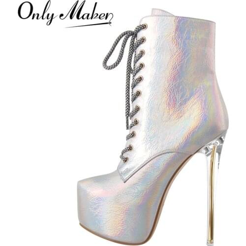 Onlymaker Winter Lace-Up Ankle Boots Gold Silver Patent Leather Clear Metal High Heel Platform Booties For Women Zipper Fashion