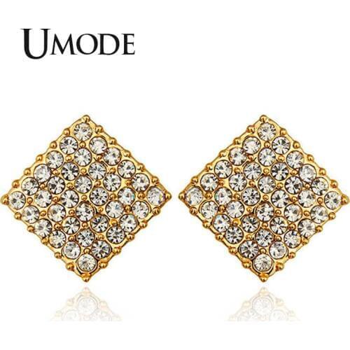 UMODE New Clear Round Zircon Simple Square Shape Stud Earrings for Women Paved CZ Crystal Gold Studs Luxury Jewelry AUE0560