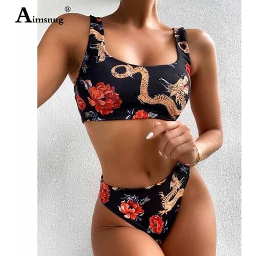 Aimsnug Women Bikini Set Two Pieces Swimwear Model Dragon Flower Print Swimsuits Push Up 2PCS Outfits Sexy Femme Clothing 2021