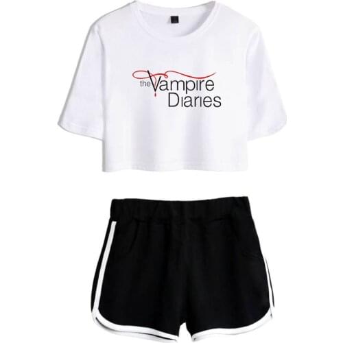 Be well received The Vampire Diaries Crop Top and Shorts Women 2 Pieces Set Summer Print Shorts Female Loungewear Suit Clothes