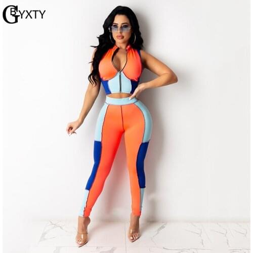 GBYXTY Panelled Patchwork Women Skinny Fitness Tracksuit Front Zipper Crop Tops and Skinny Pants Leggings Two Piece Set ZL1150