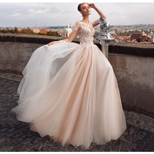 Eightree Vestido de Noiva Manga Longa Champagne Wedding Dress Long Sleeve Lace Bride Dresses 2021 Princess Wedding Gowns Buttons