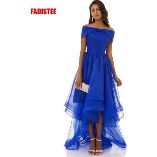 New arrival elegant long dress prom party dresses high-low boat neck formal dress organza simple blue dress