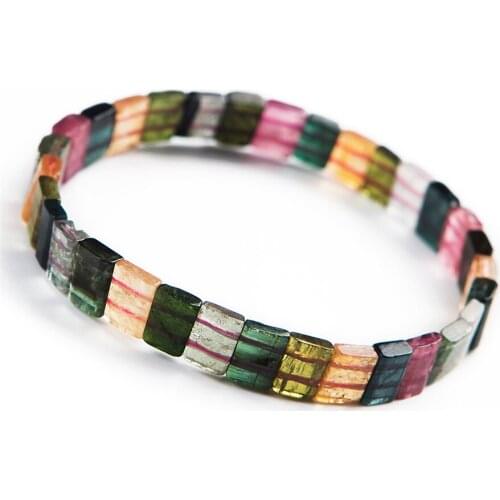 100% Genuine Colorful Natural Tourmaline Bracelets Female Lady Stretch Crystal Rectangle Bead Bracelet Bangle