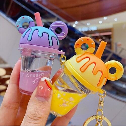 Cartoon Mouse Head Keychain Cute Donut Milk Tea Cup Liquid Quicksand Sequin Keyring Charm Bag Car Pendant Key Chain for Women