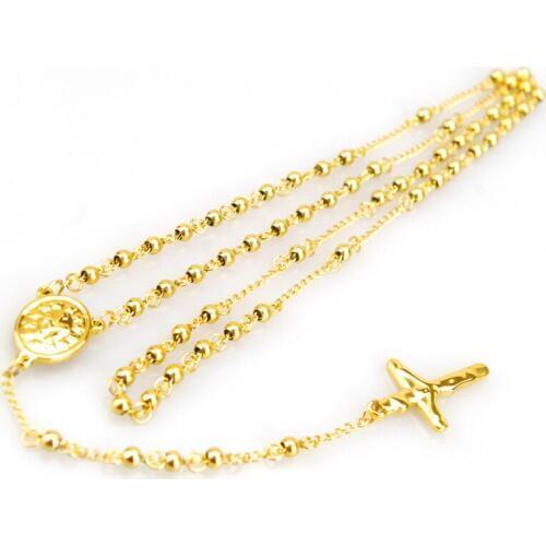 Mens Chain Gold Tone Stainless Steel Bead Chain Rosary Jesus Christ Cross Pendant Long Necklacce HZB025A