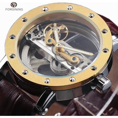 Forsining Gold Hollow Automatic Mechanical Watches Men Luxury Brand Leather Strap Casual Vintage Skeleton Watch Clock relogio