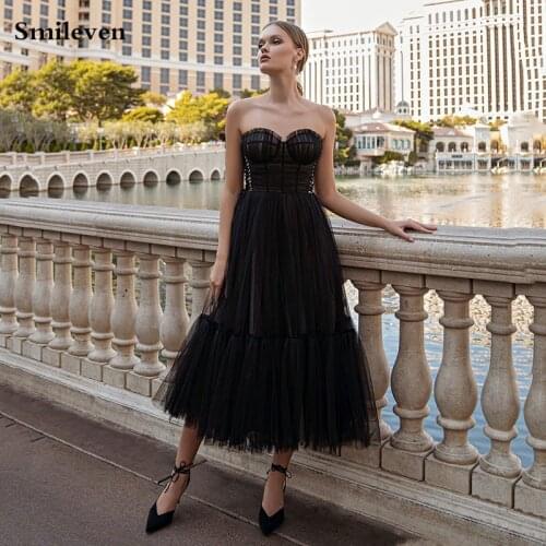 Smileven Black A Line Tulle Short Prom Dresses 2021 Sweetheart Sheer Boning Tea length Formal Party Gown Custom Made