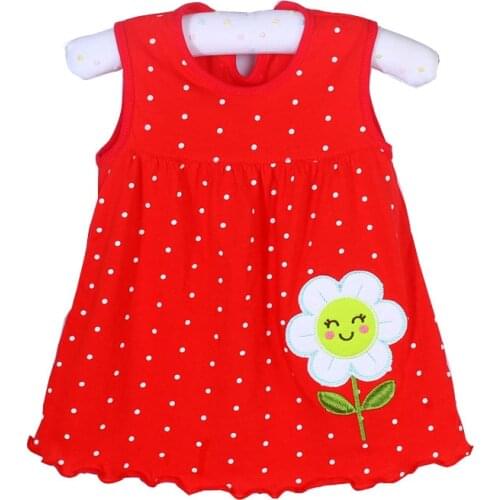 Baby Girls Red Cartoon Flowers Dress Infant Sleeveless Pink Printing Floral Cotton T-Shirt Dress 1 Year Casual Robe Clothes 6M