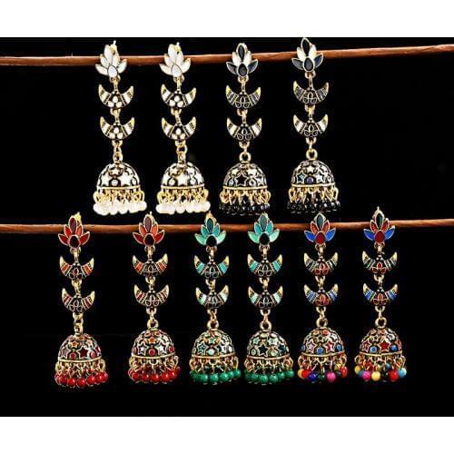Retro Lotus Jhumka Indian Earrings For Women Ethnic Gypsy Afghan Gold Bell Multicolor Beads Tassel Earrings Jewelry Bijoux