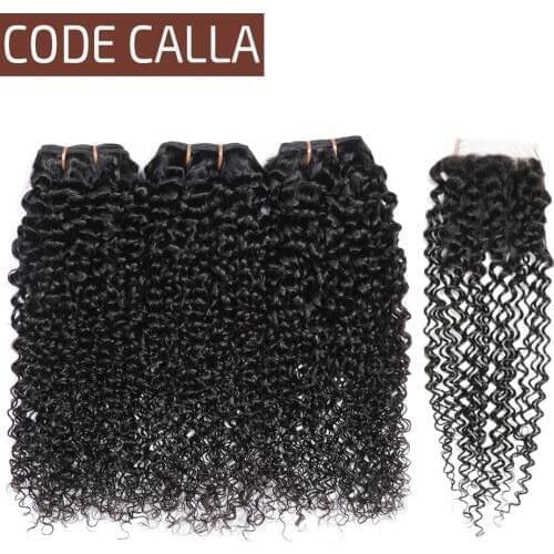 Code Calla Bundles With Closure Remy Kinky Curly Hair 100% Human Peruvian Hair Weave Bundles 6A Grade Natural Black Color