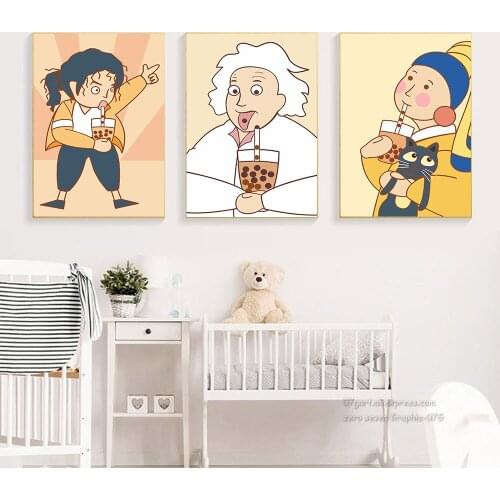 Cartoon Character Drinking Milk Tea Canvas Painting Wall Art Nordic Posters and Prints Wall Pictures for Living Room Decoration
