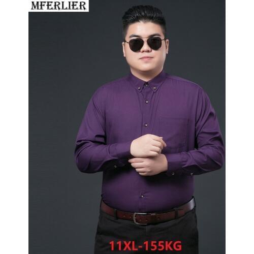 MFERLIER men dress shirt formal long sleeve 7XL 8XL 9XL 10XL large size big 11XL autumn homme cotton office wedding shirt black