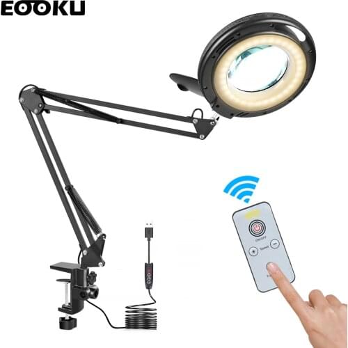 EOOKU Table lamp 5X magnifying glass LED light desk lamp wireless remote control 3 color adjustable for work reading welding