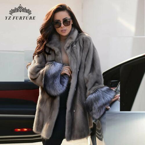2020 New Winter Real Mink Fur With Fox Fur cuff Coats Long Style Women Genuine Full Pelt Winter Warm Elegant Female Jacket