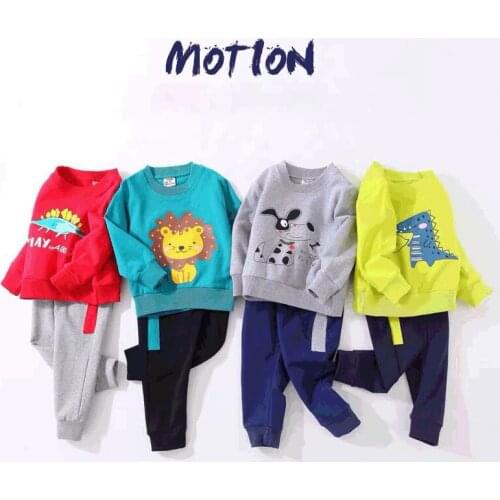 New Spring and Autumn Cartoon Puppy Lion Dinosaur Print Casual Pullover Sweater Loose Trousers Suit