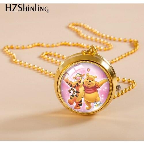 2021 New Arrival Kawaii Winnie the Pooh and Friends Handmade Glass Dome Round Pocket Watch Pendant Necklaces