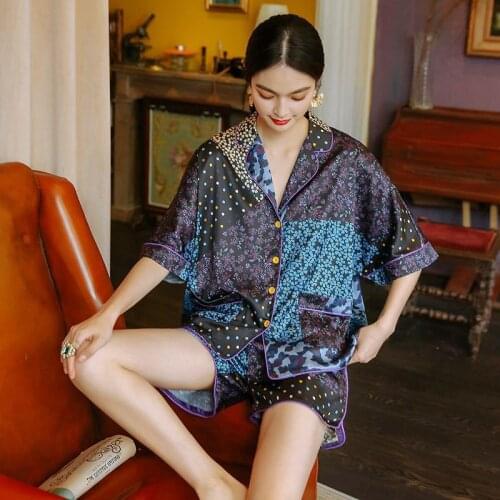 Summer Women Print 2PCS Pajamas Sets Sexy Notched Pyjamas Sexy Rayon Sleep Suit Bride Sleepwear Nightwear Lounge Home Wear