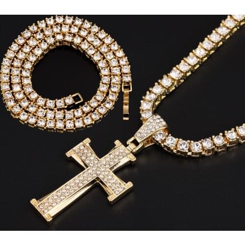 Iced Out Shining Crystal Cross Pendant Gold color Men Fashion Cross Necklace Chain Men Hip Hop Rapper Cubas Necklace