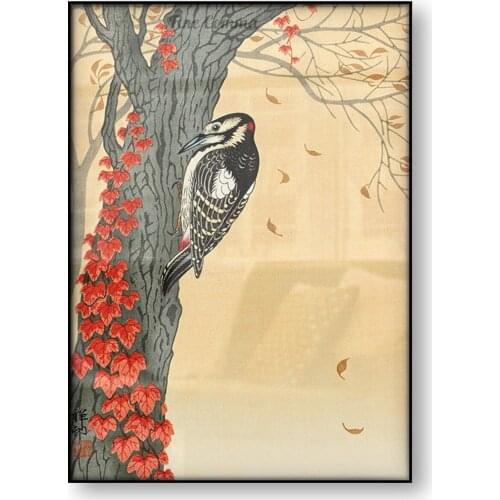 Vintage Japanese Art Poster Great Spotted Woodpecker in Tree With Red Ivy Ohara Koson Woodblock Canvas Print Wall Art Decor