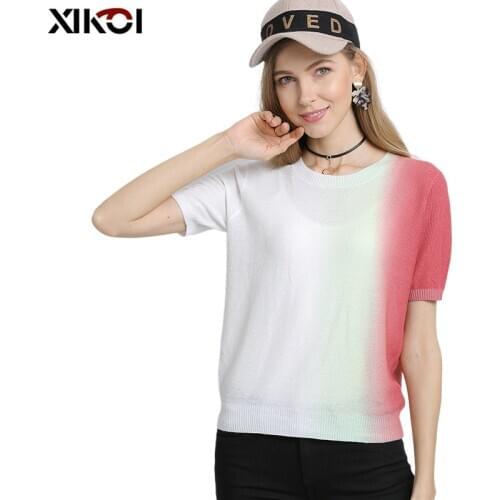 XIKOI Women Summer Oversized Gradient Print Sweater Tshirt Short Sleeves Tee O-neck Pullover Comfortable Jumper Computer Knitted
