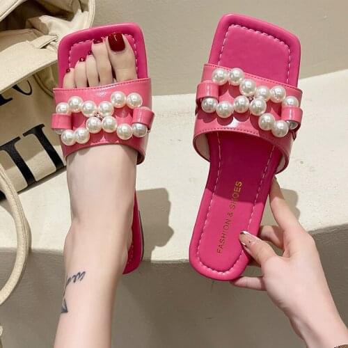 Women New 2021 Summer Sandals Slippers Female String Bead Flat Square Toe Temperament Sandal Ladies Hot Plus Size Soft Slides