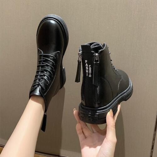 Female Martin Boots Double Zipper 2020 New Autumn Thick-soled Ins Leather Lace Womens Ankle Boots White Platform Shoes