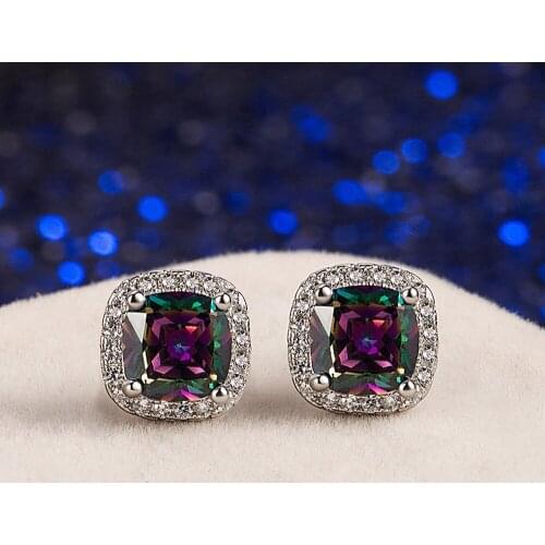 Chic Elegant Square Colorful Crystal Zircon Diamonds Gemstones Small Stud Earrings for Women 18k White Gold Silver Color Jewerly