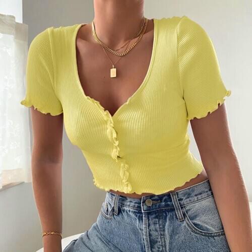 Womens Crop Tops Ruffle Shorts Sleeve Knitted T-shirts Buttons Casual Tops Tee Summer Basic Shirts Beachwear Streetwear Tops