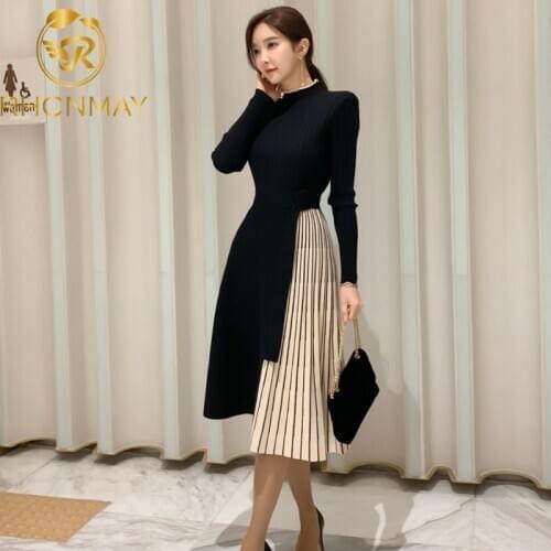 2020 New Winter Elastic Knitted Dresses Women Color matching Lace-up Sweater Dress Fashion Slim Work Office Vestidos