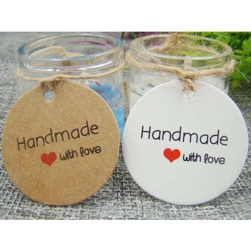 1.18*1.18inch 200pcs round kraft paper handmade with love hang tag wedding candy box decoration custom logo garment tag