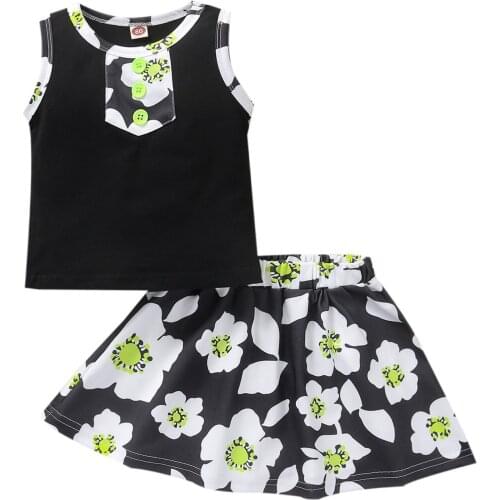 2 Pcs Infant Summer Outfits, Baby Girls Color Block Round Neck Button Tank Top + Flower Print Skirt 1-5T