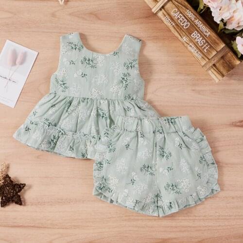 40# Clothes For Babies Girls Set Floral Print Sleeveless Ruffle Round Neck Dress T-shirts +shorts Summer Fashion Girl Outfits