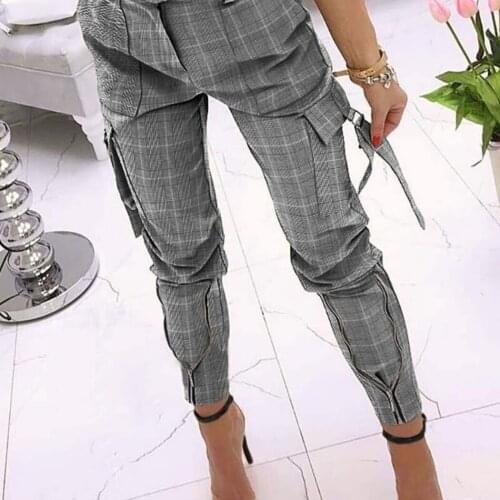 Puloru Casual Solid Color Slim Fit Cargo Pants Women Ladies High Waist Button Long Trousers with Side Pockets Office Lady Wear