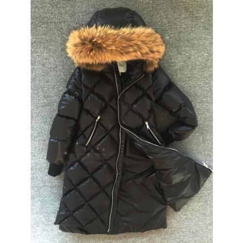 Girls long down jacket childrens diamond lattice fashion thick coat real fur