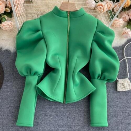 Lantern Sleeve Zipper t-shirt spring autumn vintage Women Slim Fit Fashion Solid Cute top tees