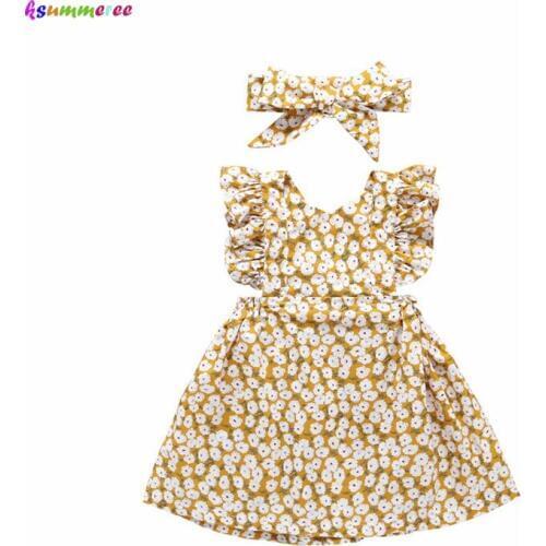 Baby Girls Floral Cotton Dress Ruffles Dresses For Girl Kids Backless Clothing With Hair Band infant Party Vestidos Dress
