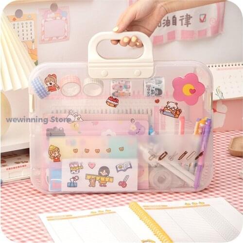Ins wind transparent file bag kawaii simple girl heart large capacity portable storage box office accessories organizer desk