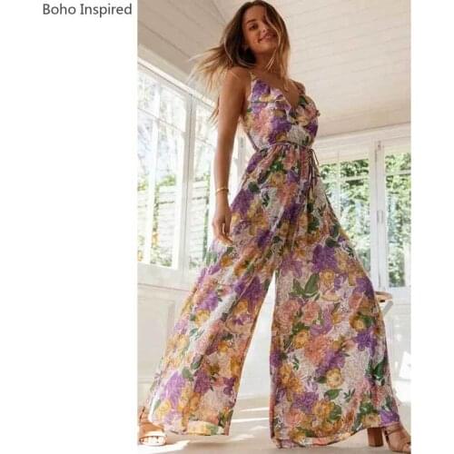BOHO INSPIRED floral JUMPSUITs summer frill hem elastic waist ruffle romper women V-neck button wild leg boho playsuits female