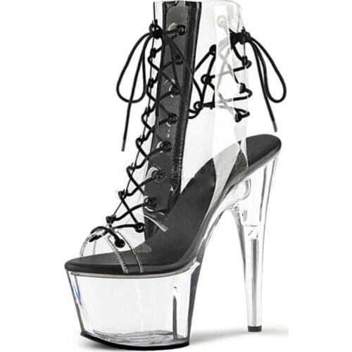 LAIJIANJINXIA New 17cm Super High Heels Stiletto Waterproof Platform Transparent Crystal Womens Ankle Boots Dance Shoes