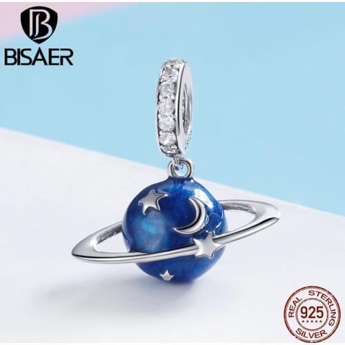 BISAER Hot Sale 925 Sterling Silver Planet Star And Moon Charms Zircon Beads fit Women Bracelets Beads DIY Jewelry Making ECC933