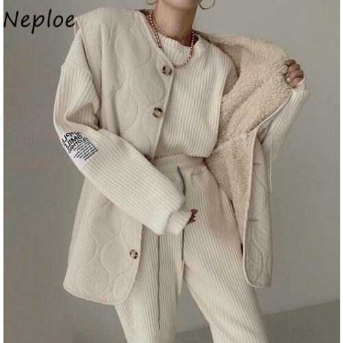 Neploe Fashion Versatile Women Pant Sets Letter Printed Long-sleeve Knit Tops + Drawstring Quilted Vest Jacket Female Two-piece