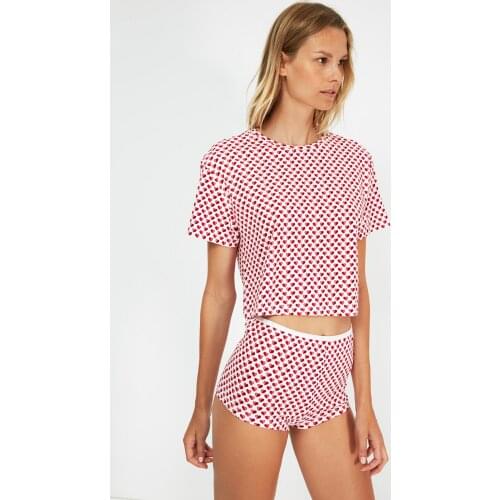 Multi Color Heart Printed Knitted Cotton Womens Pajamas Set Casual Summer Homewear