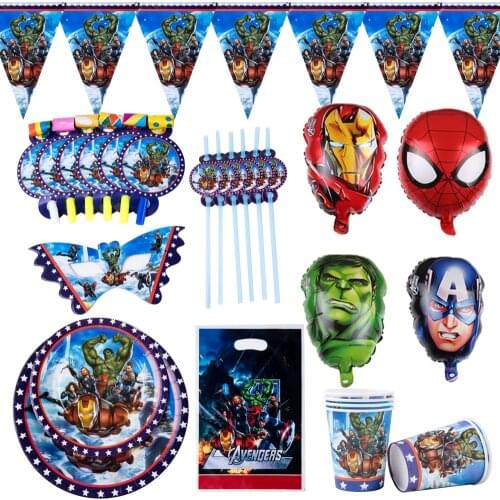 Cartoon The Avengers Hulk Iron Man Theme Birthday Party Decorations Paper Cup Plates Tablecloth Napkins Tableware Sets Kids Toys