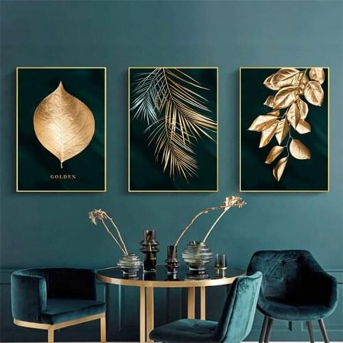 Abstract Green Golden Leaves Plant Wall Art Poster Modern Leaf Canvas Painting Modern Luxury Picture Living Room Home Decoration