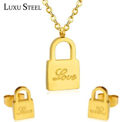LUXUSTEEL Lock Necklaces Bijoux Party Gold Color Pendant Necklace Earrings Bijoux Party Wedding Necklace 2020 Collier Wholesale